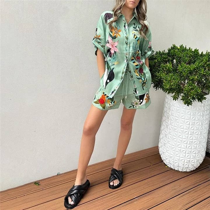 GREEN Relaxed Fit Printed Short Sleeve Shirt And Shorts Set for wholesale on Faire