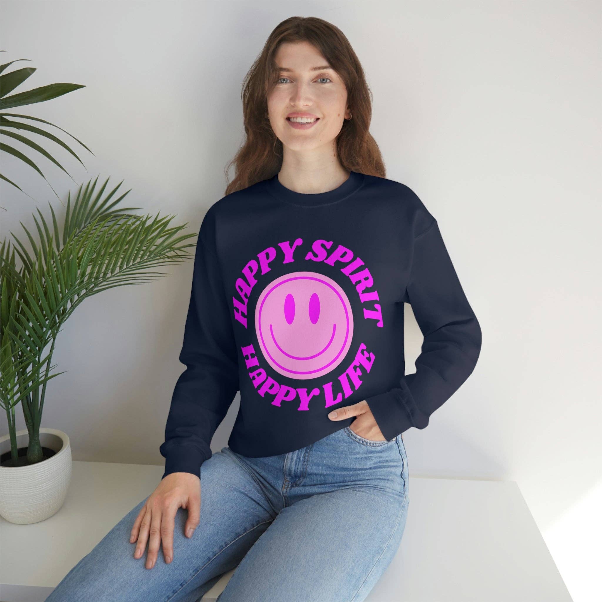 Happy Life Stuff - Wholesale Graphic Sweatshirt - Women's - Happy Spirit Happy Life Sweatshirt, VSCO Girl Crewneck, Oversized Retro Font Graphic Tumblr, Front Print Smile Face Trendy Cover Up68