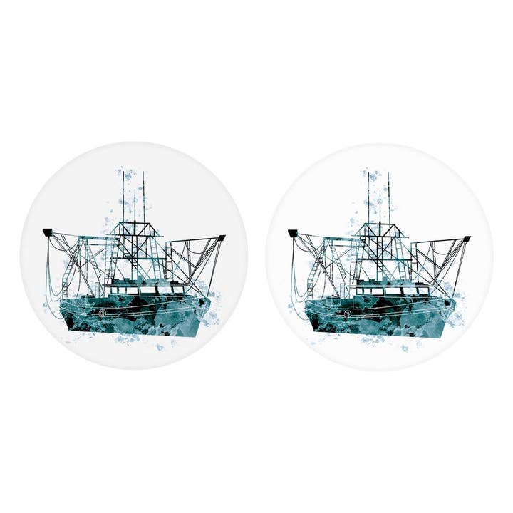 Blue White Water Color Shrimp Boat | Absorbent Car Coasters | Set of 2 | Min 4 for wholesale by Love Local