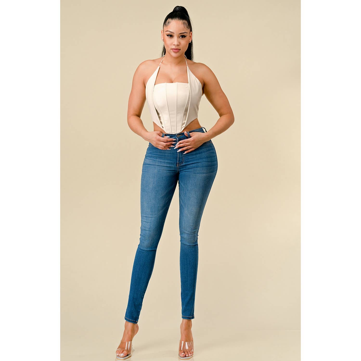 Miss 8 - Wholesale Tank Top - Women's - PU Corset Bustier Crop top with fold Detail8