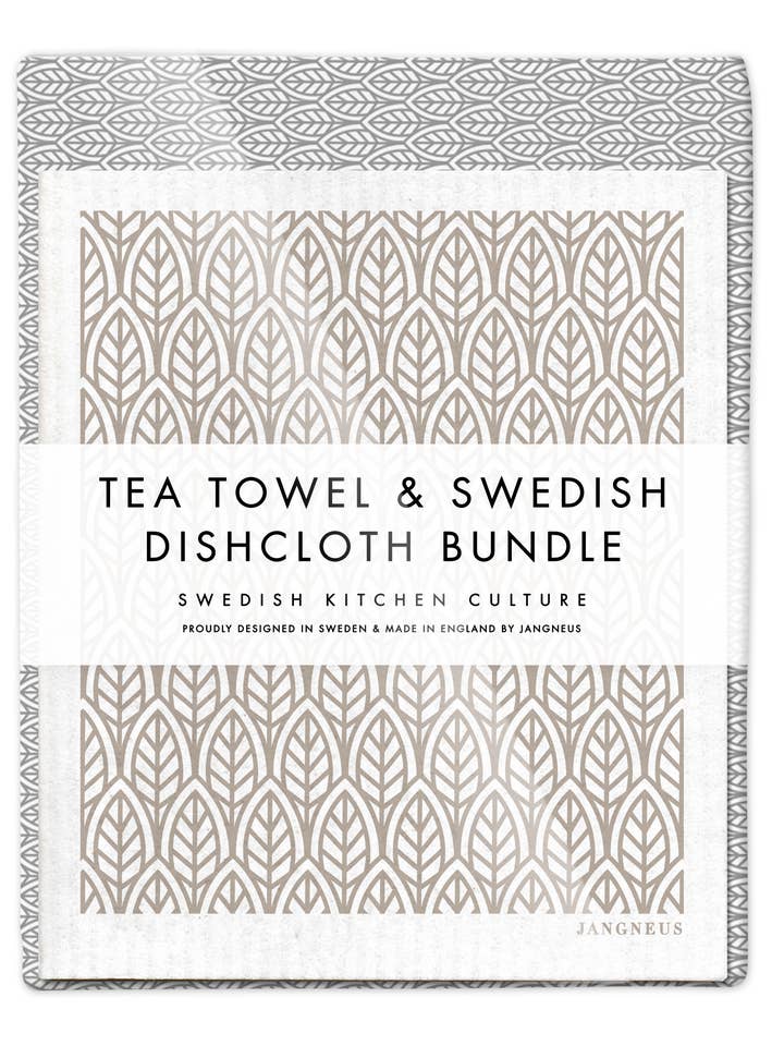 Swedish Dishcloth & Tea Towel Bundle - Leaves - Grey for wholesale by Jangneus