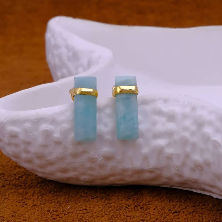 Natural Amazonite Frosted Geometric Bar Stud Earrings for wholesale by El Joyero