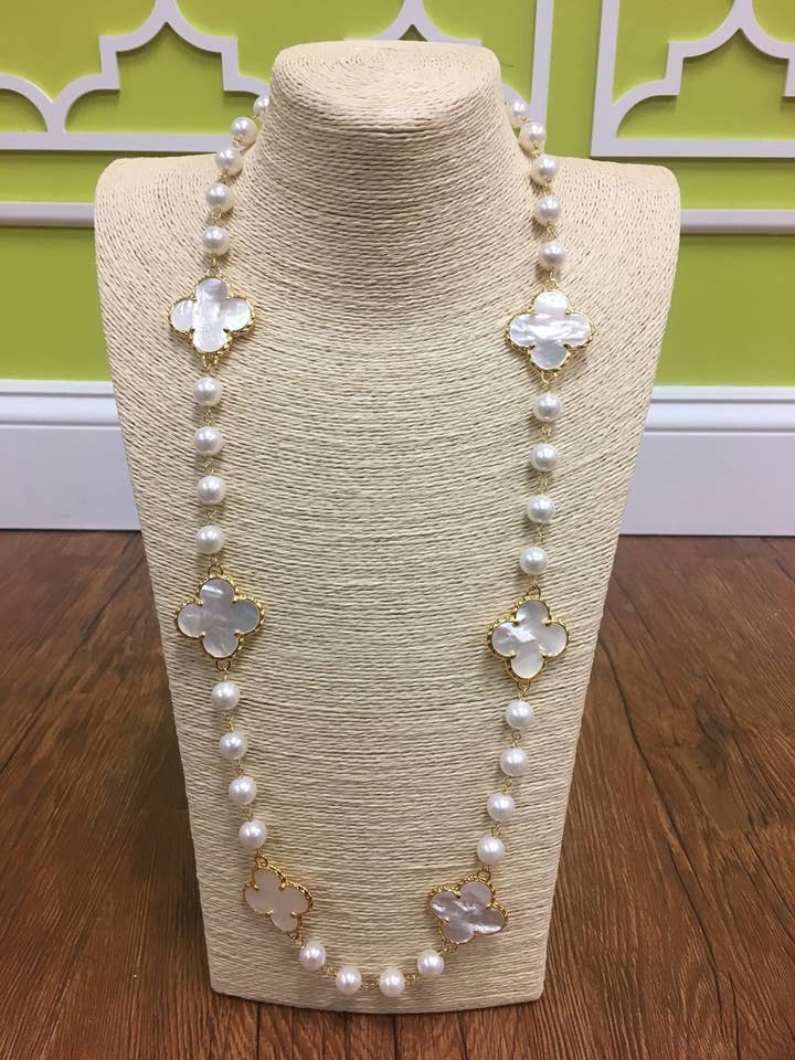The Georgia Long Length Clover Pearl Necklace in Gold for wholesale by Liza Byrd