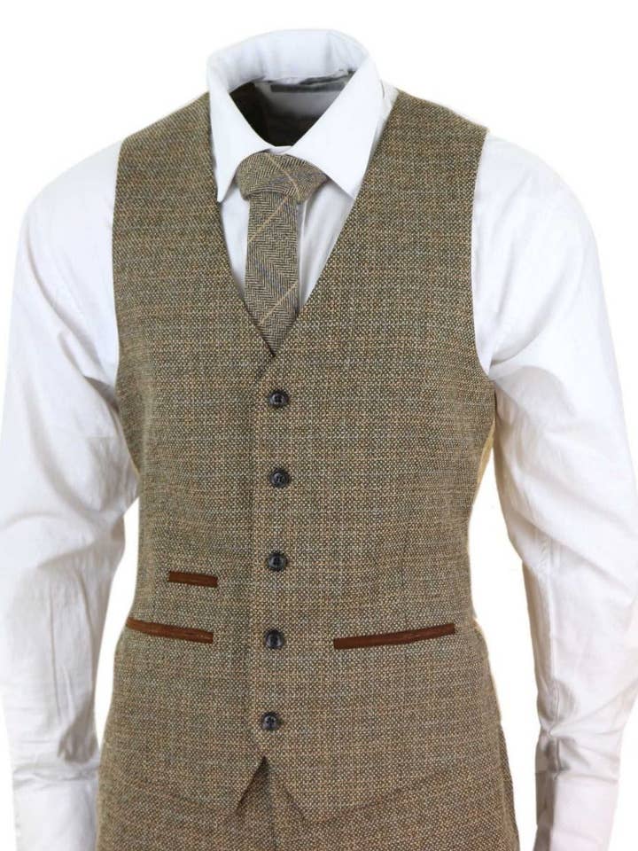 Brun Herr 3-delad Brun Tweed Rutig Vintage Retro Kostym för wholesale på Faire