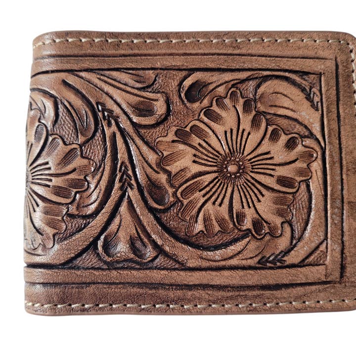 Hand-Tooled Genuine Leather Bifold RFID Wallet Tan for wholesale by Megical Basket