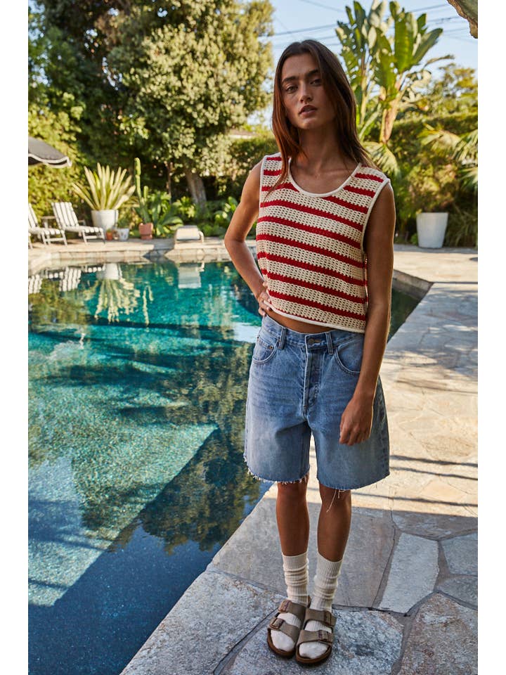 Natural Red L8167 | Knit Cotton Polyester Striped Sleeveless Top for wholesale on Faire