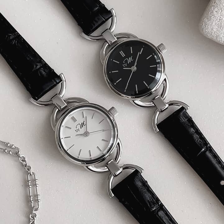 by M degrees - Wholesale Wrist Watch - Women's - 80s Vintage Style Women's Silver Watch Black Leather Strap4