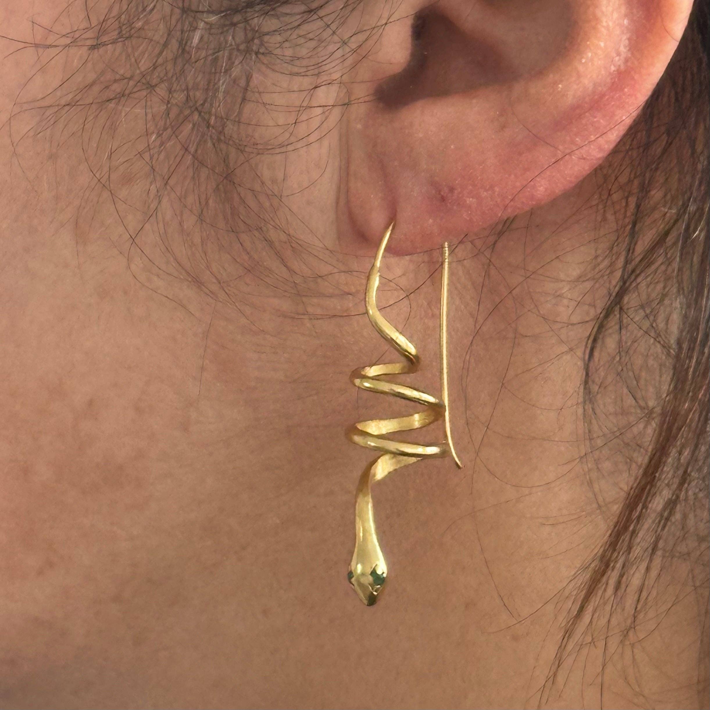 Anokhi Green | Handmade Gemstone Jewelry - Wholesale Hoop Earrings - Green Zircon Eyes | Gold Snake Hoop Earrings | Spiral Snake5