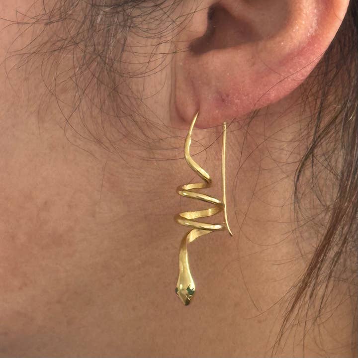 Anokhi Green | Handmade Gemstone Jewelry - Wholesale Hoop Earrings - Green Zircon Eyes | Gold Snake Hoop Earrings | Spiral Snake5