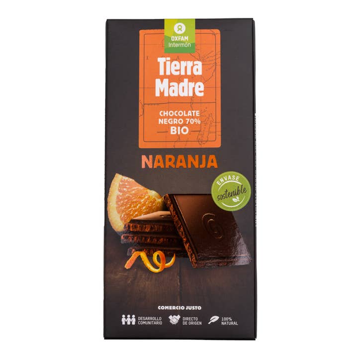 70% sort økologisk chokoladetablet med appelsin 100 g for engroshandel hos Tierra Madre
