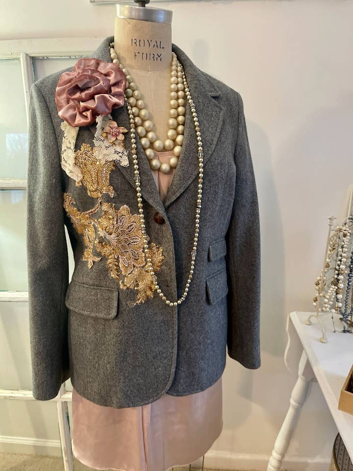 Gray Upcycled Floral Tweed Blazer for wholesale by Farm Charm Couture