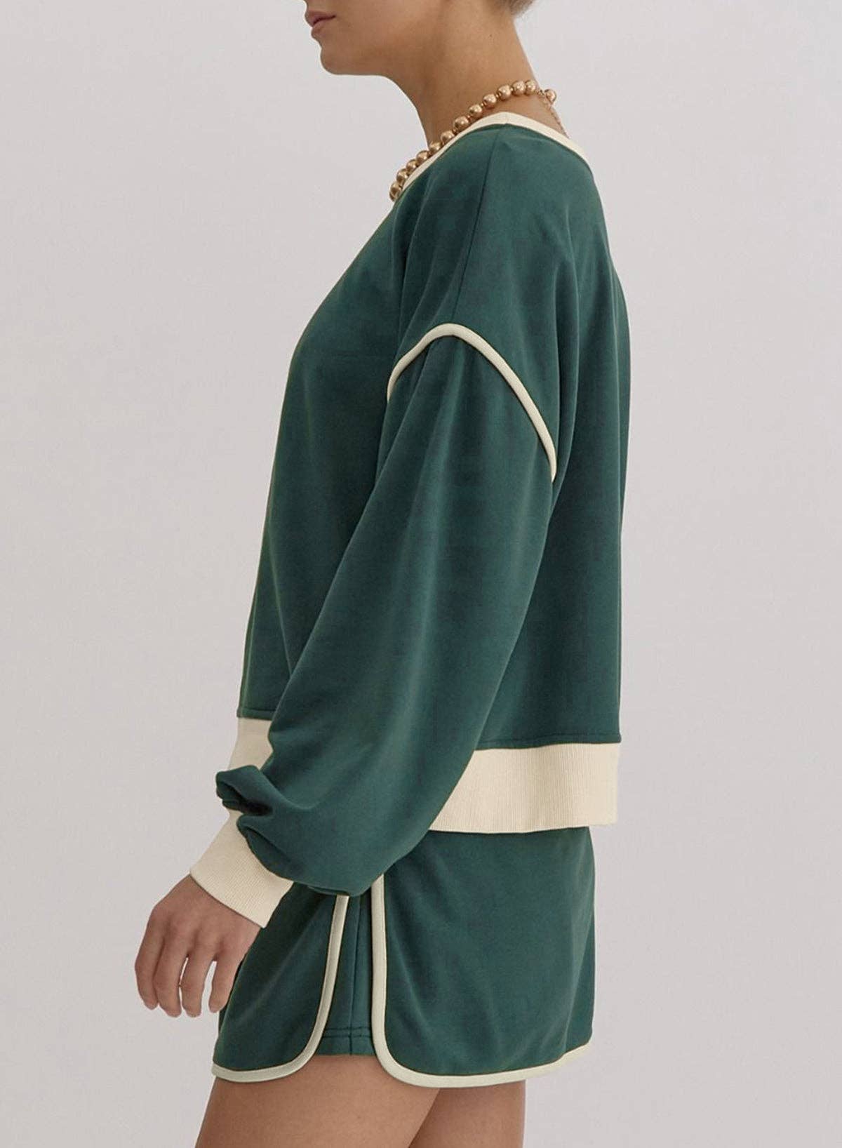 Lovesoft – Engroshandel Top- og nederdelsæt - Dame – Farvekontrast løs pullover og snørebånd i taljeskortsæt7