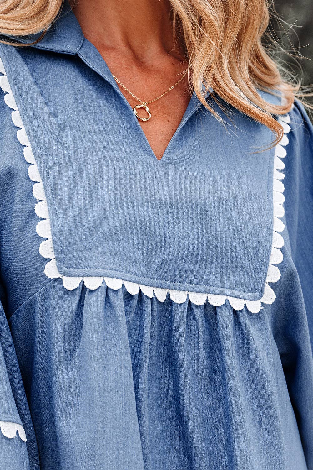 Dusk Blue Lace Ric Rac 3/4 Puff Sleeve Collared Babydoll Blouse for wholesale on Faire7