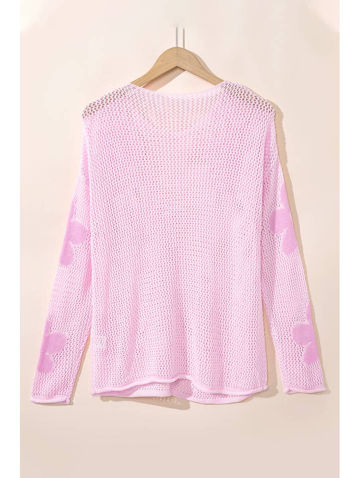 Light Pink Big Flower Hollowed Knit Drop Shoulder Sweater for wholesale on Faire3