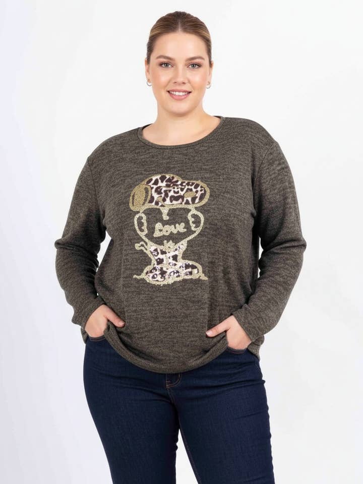 Pull kaki grande taille motif chien (T9818B) pour la vente par Pomme Rouge Paris