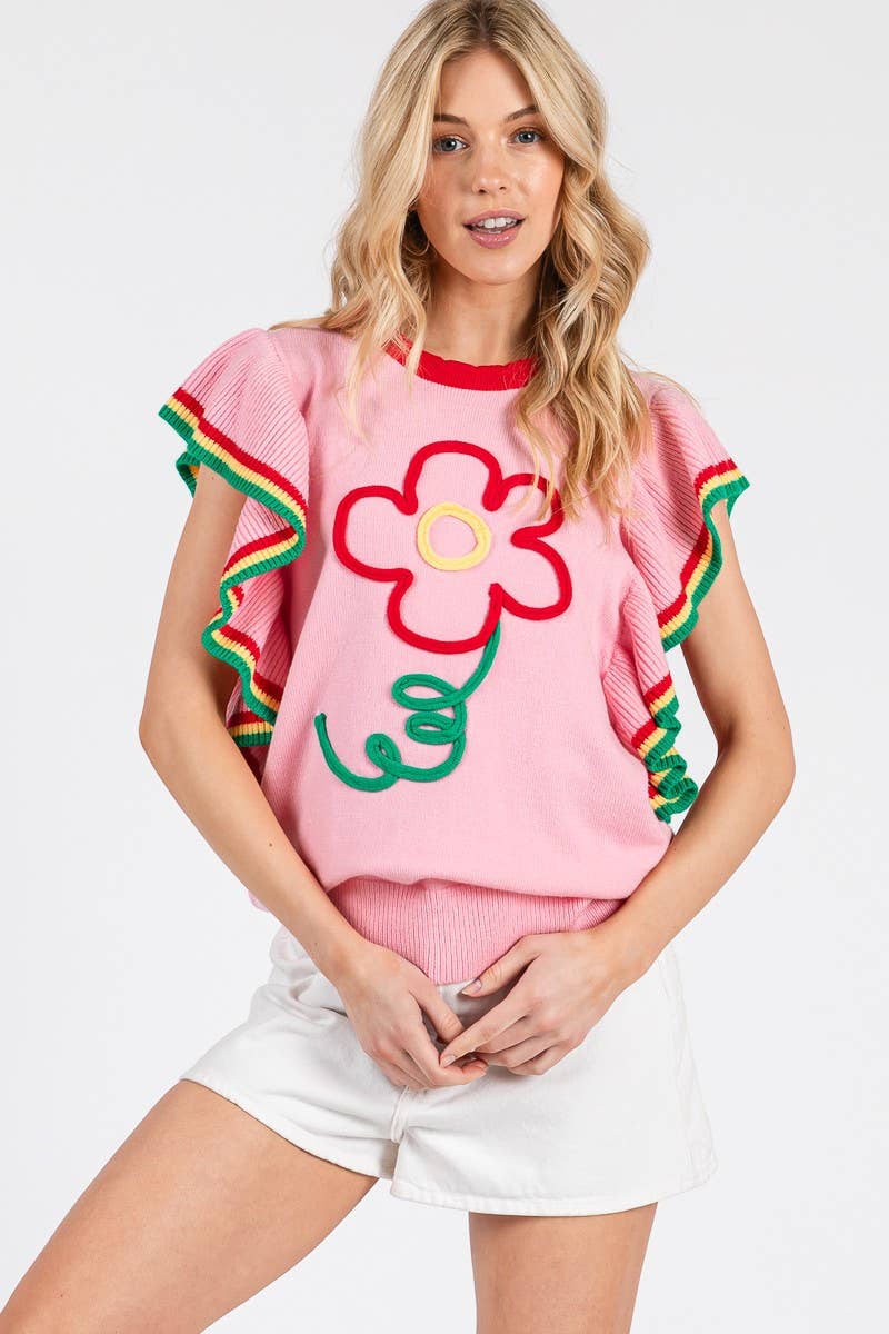 PINK FLORAL RUFFLE KNIT SWEATER TOP  for wholesale on Faire9