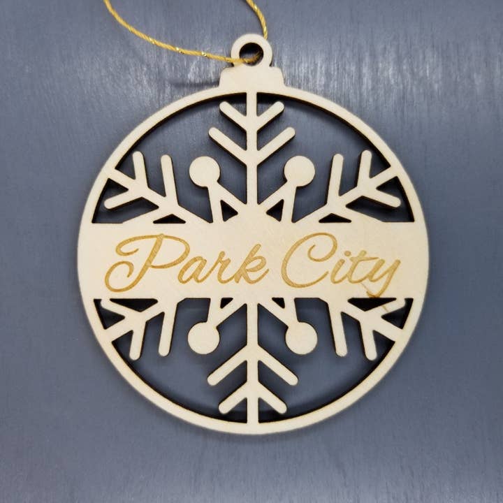 Park City Handmade Wood Ornament UT - Snowflake Design for wholesale by Happy Wood Products