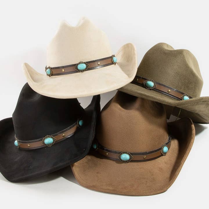 Chapeau de cowboy à lanière concho en pierre turquoise de l'Ouest pour la vente par Collections by Fame Accessories