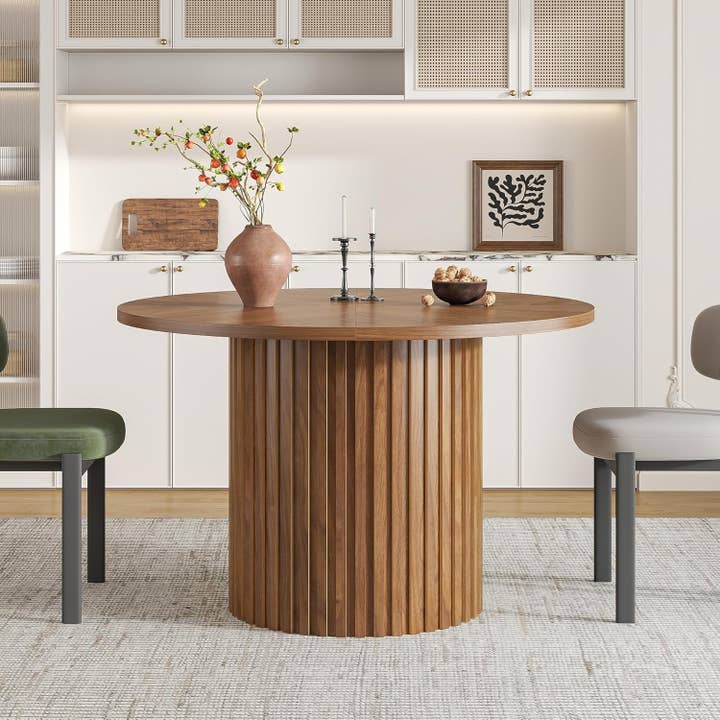 Round Walnut Dining Table 47 Inch With Wood Strip Base for wholesale on Faire2