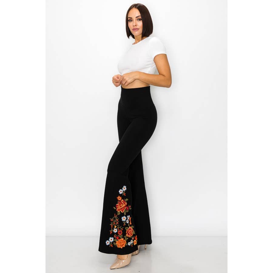 T-Party - Wholesale Pants - Women's - Floral Embroidery Flare Leg Foldover Waist Pants6