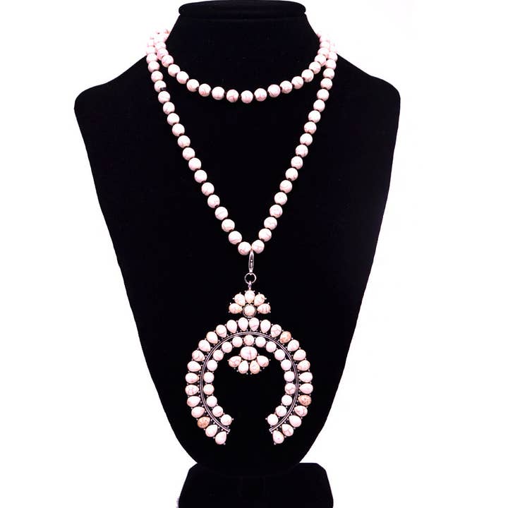 NKS180809-05TQ 36"L 8MM WHITETQ BEADS HAND-KNOTTED NK W/ SQUASH BLOSSOM PD for wholesale by Western Elite Jewelry