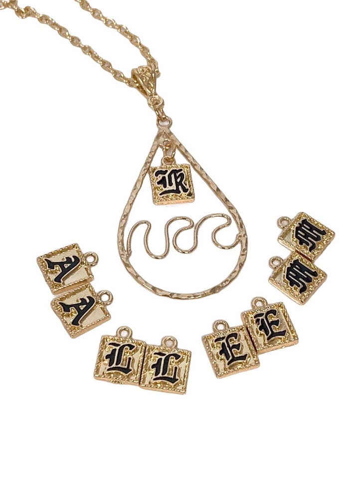 Old English Letter Charms Triple Wave Teardrop Necklace for wholesale by Anela's Jewelry