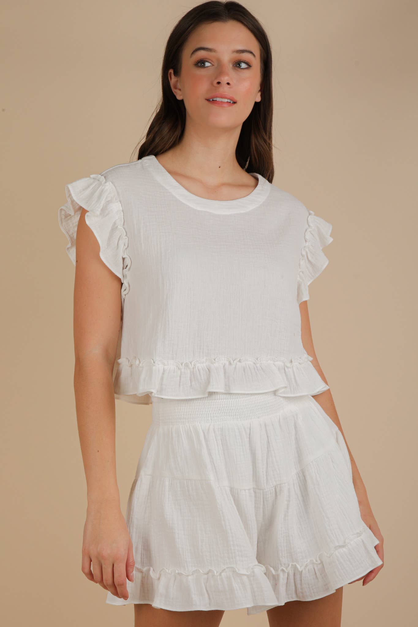 VERY J - Wholesale Top & Short Set (NOT Loungewear) - Women's - NT12150SET-Ruffled Solid Woven Top & Shorts Set0