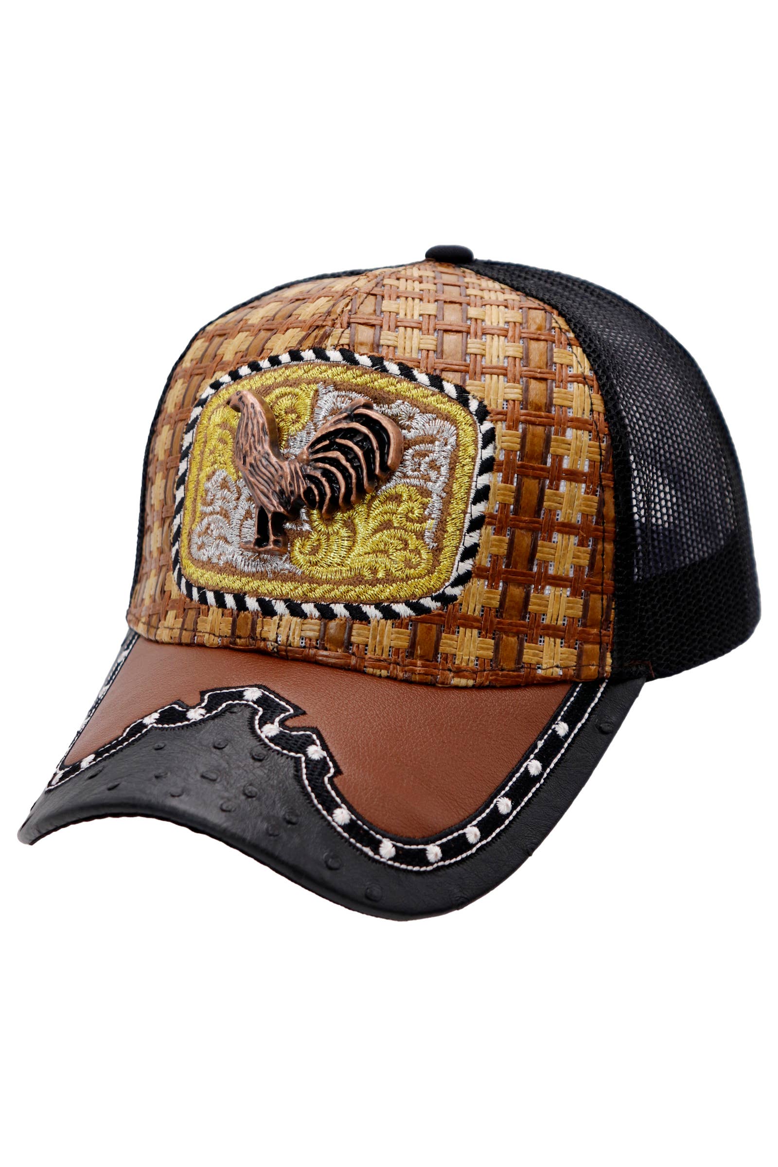 Cap Zone – Engroshandel Trucker hat - Unisex – Bronzed Emblem Vegansk Læder Strå Mesh Charro Kasket12