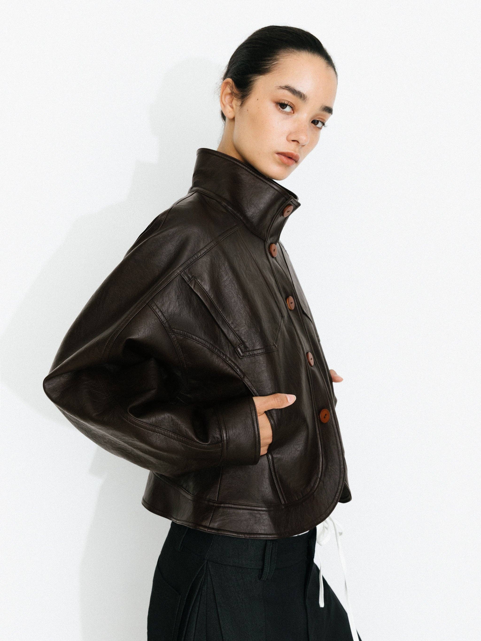 Brown Curved Sleeve Faux Leather Jacket for wholesale on Faire9