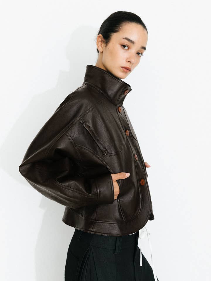 Brown Curved Sleeve Faux Leather Jacket for wholesale on Faire9