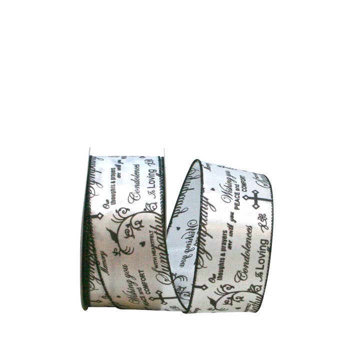 RELIANT RIBBON - Wholesale Ribbon - Gift Wrapping - Words Of Sympathy Wired Edge, White/black, 2-1/2 In