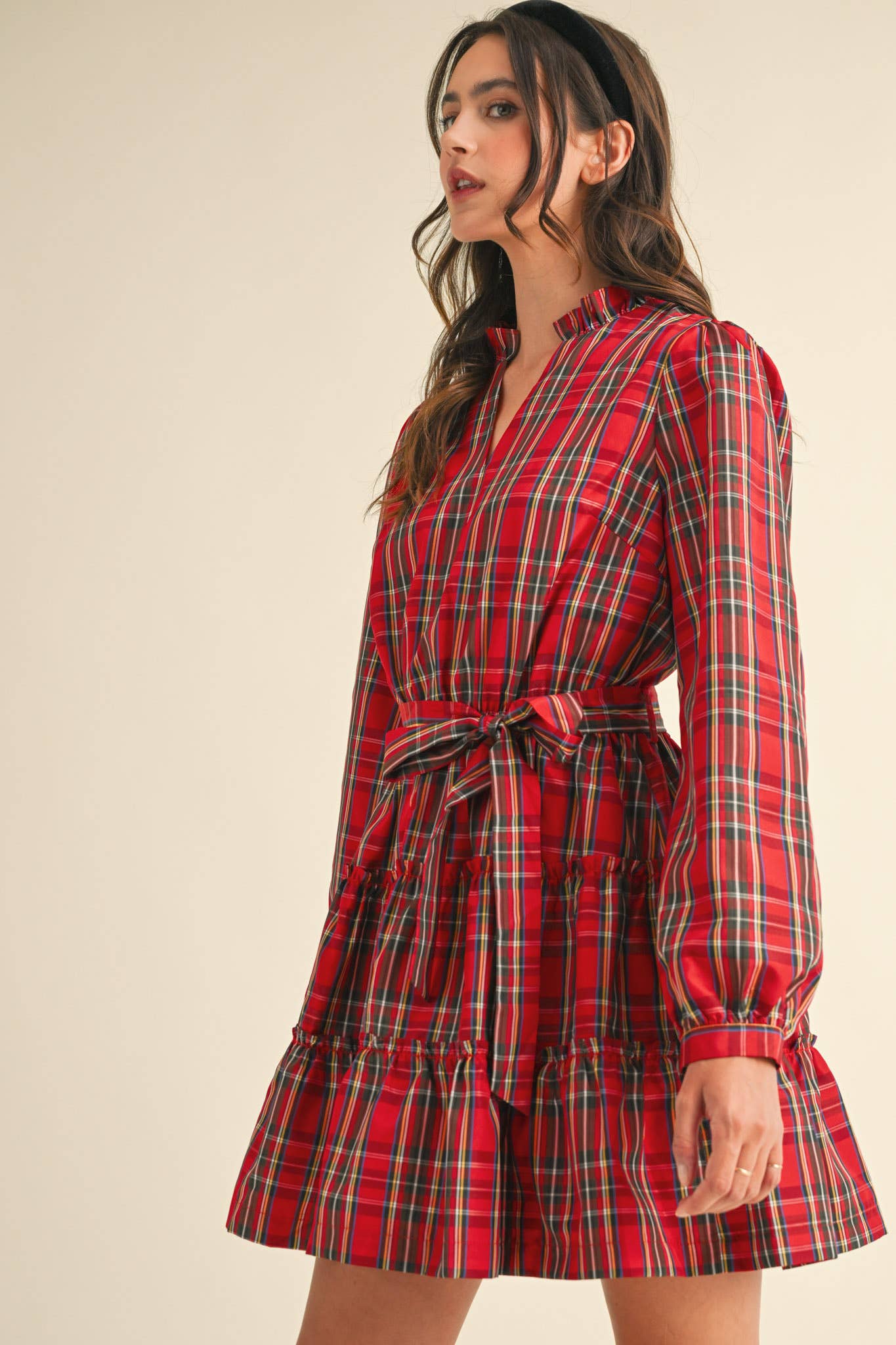 &MERCI - Wholesale Dress - Women's - PLAID MINI DRESS WITH TIERED RUFFLE TRIM MDR353825