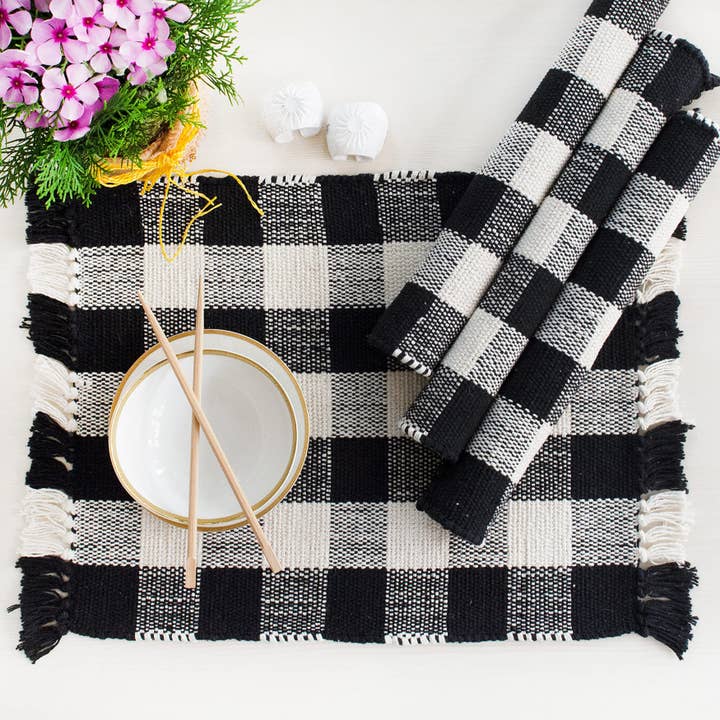 Set van 4-Check placemats, 13''x19'', Zwart-Wit. voor wholesale door chardin home