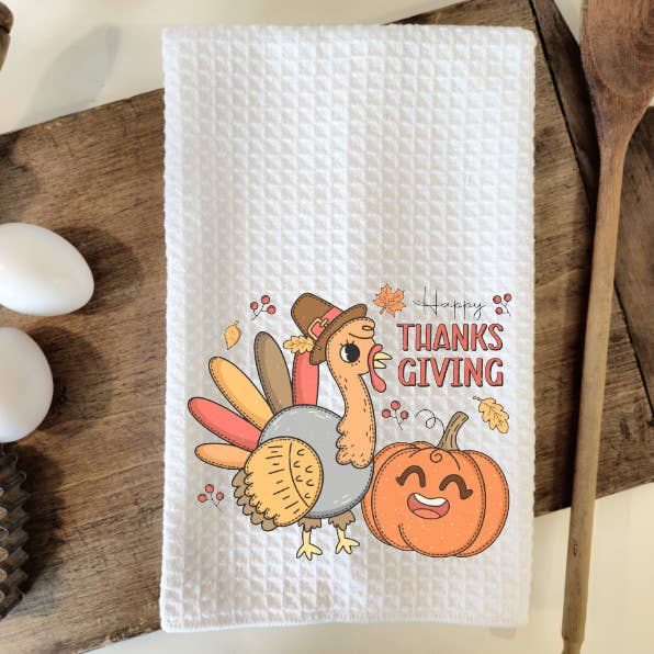 Retro Thanksgiving Turkey Waffle Weave Dish Towel Tea Towel for wholesale by Prairie Chicken Sticker Shop & Gifts
