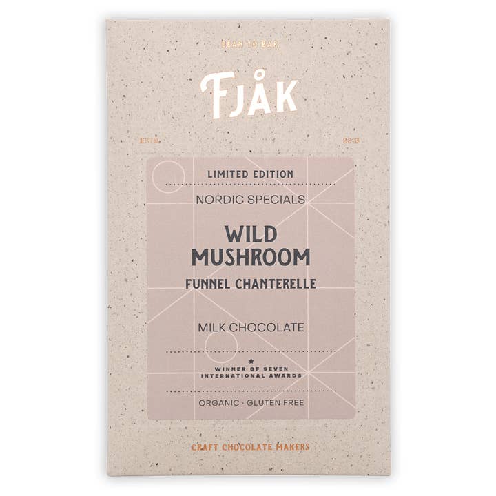 Fjak Milk Chocolate w/ Wild Mushroom (Seasonal) for wholesale by Bar & Cocoa Chocolate