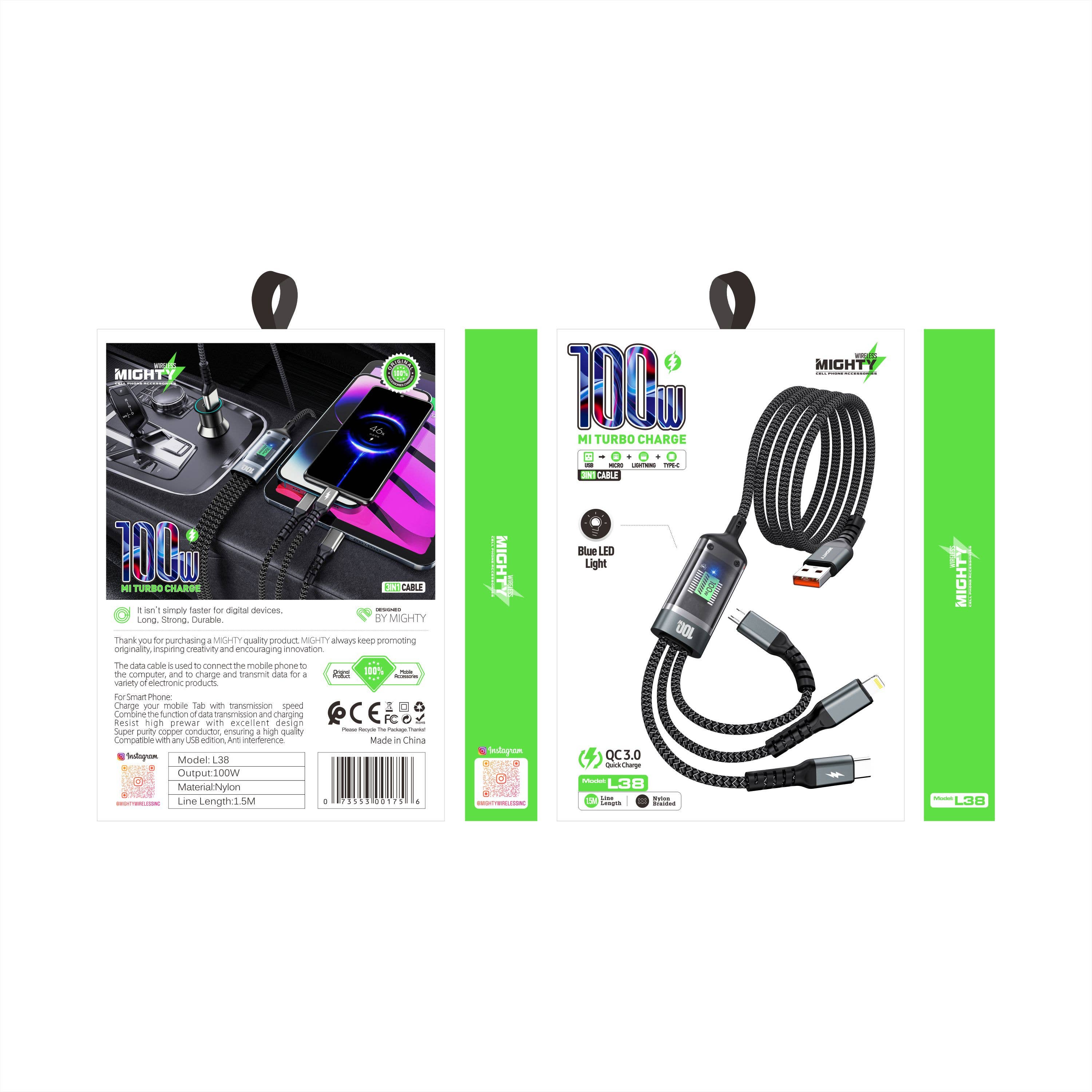 Mighty Wireless - Wholesale Oplaadkabel - Mighty 3 in 1 Kabel 100W L383
