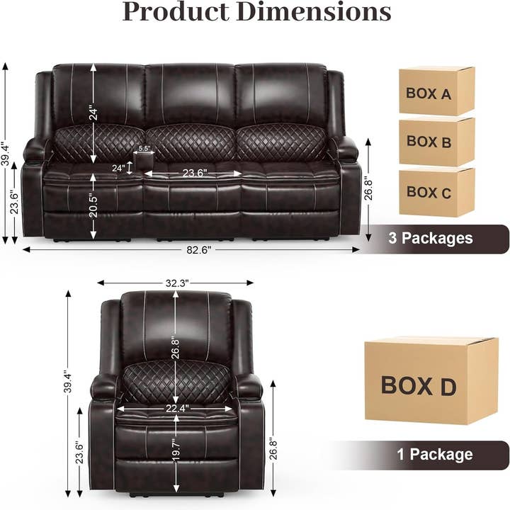 Brown Three Seater Recliner Sofa Set Oversize Chair Removable Console Living Room Furniture For Comfort for wholesale on Faire1