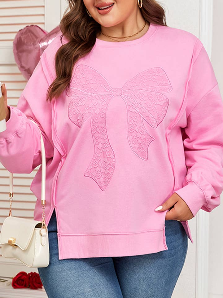Plus size sweatshirt med sløjfe, blondebroderi og dolmanærmer for engroshandel hos PRETTY BASH