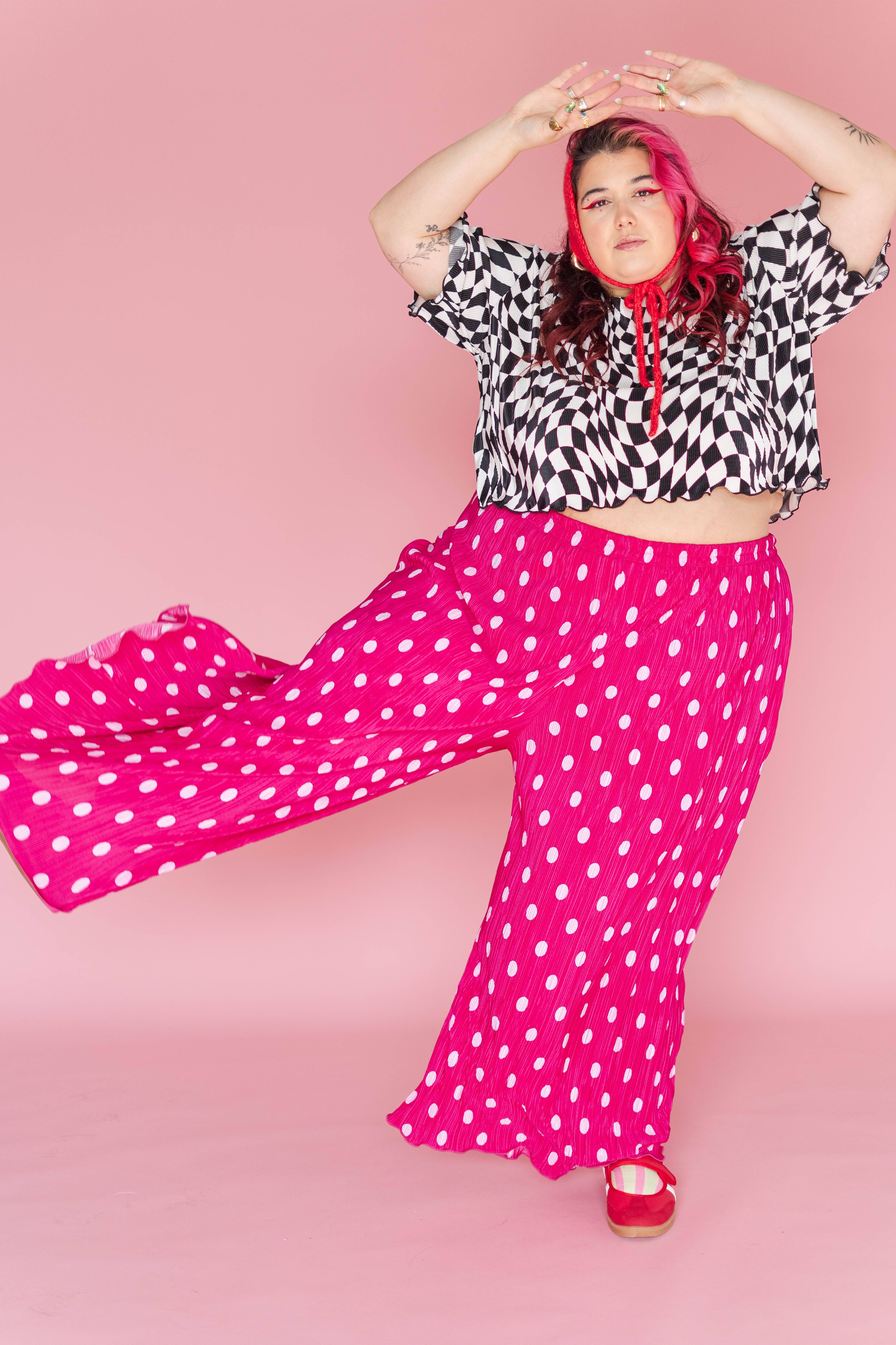 Nettle Studios - Wholesale Pants - Women's - Size Inclusive Hot Pink & White Polka Dot Pleated Flare Pant16