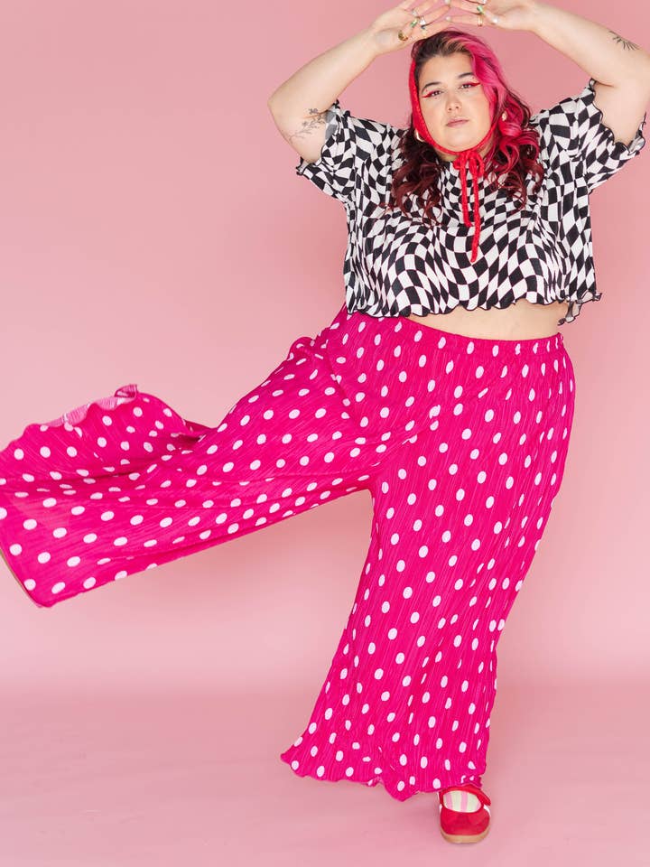 Nettle Studios - Wholesale Pants - Women's - Size Inclusive Hot Pink & White Polka Dot Pleated Flare Pant16