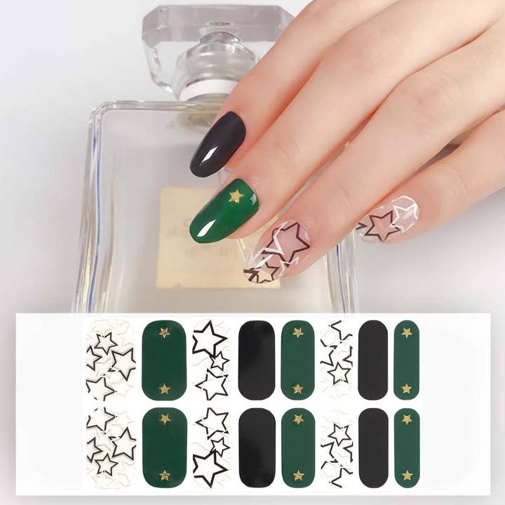 ClebleNails – Großhandel Nailart/Nagelsticker – Schwarze grüne Sterne Nagelwickel/Transparente durchscheinende Überlagerungs-Nagellackstreifen/Gold Star Nagelaufkleber/ Moderne Kpop Dark Punk Nagelfolie