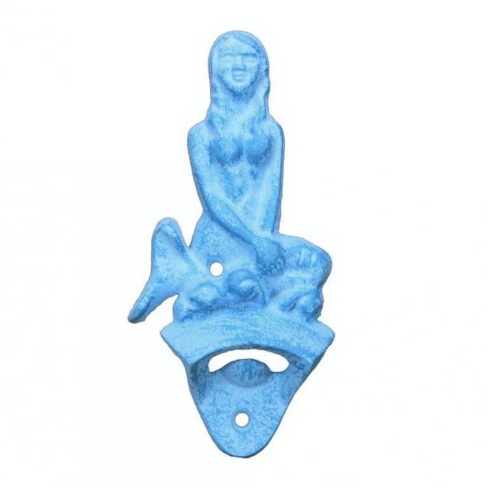 Lichtblauw witgekalkt gietijzer wandgemonteerde zeemeermin flesopener 6" voor wholesale door Hampton Ironworks