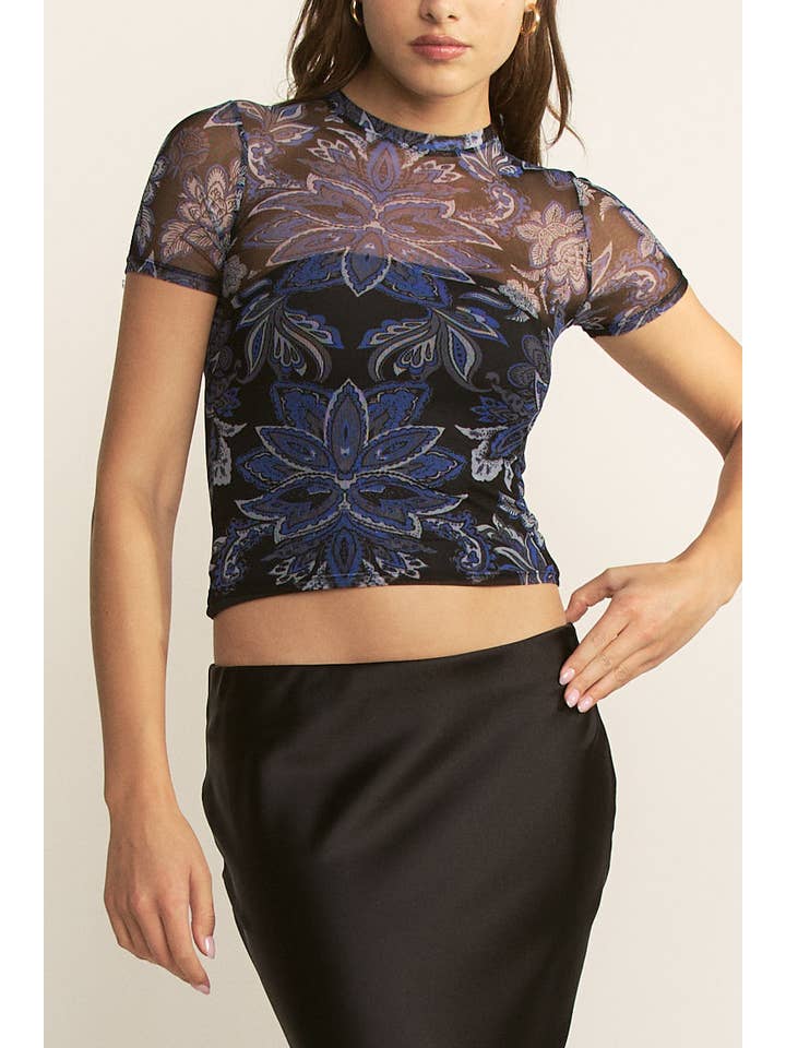 YNEZ - Wholesale Blouse - Women's - Boho Paisley Crew Neck Mesh Dressy Cocktail Top Tee38