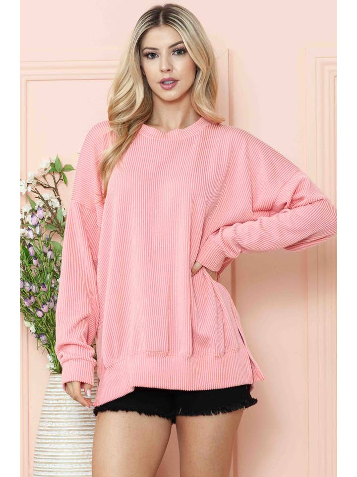 Burgundy Apparel - Wholesale Sweatshirt - Women's - WAVE RIB OVERSIZED SWEATSHIRT WITH SIDE SLIT - FALL