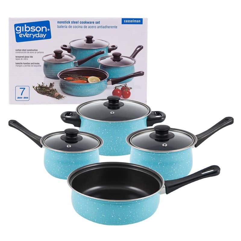 Deluxe Import Trading - Vente Batteries de cuisine - Batterie de cuisine antiadhésive en acier Gibson Everyday - Ensemble de 7 pièces bleu0