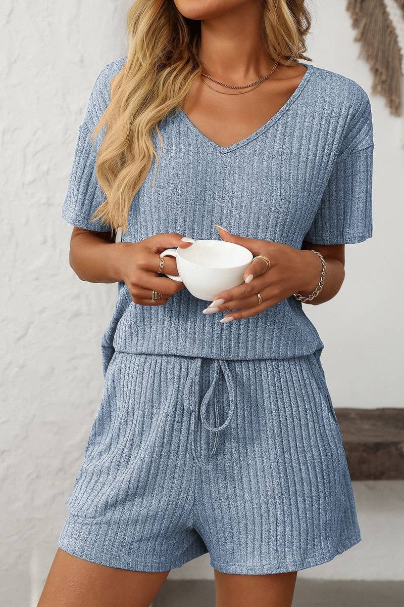 NINEXIS - Vente Ensemble de vêtements d'intérieur – femme - ENSEMBLE DE MAISON À MANCHES COURTES RAYÉ DE COULEUR UNIE CWSTB16637