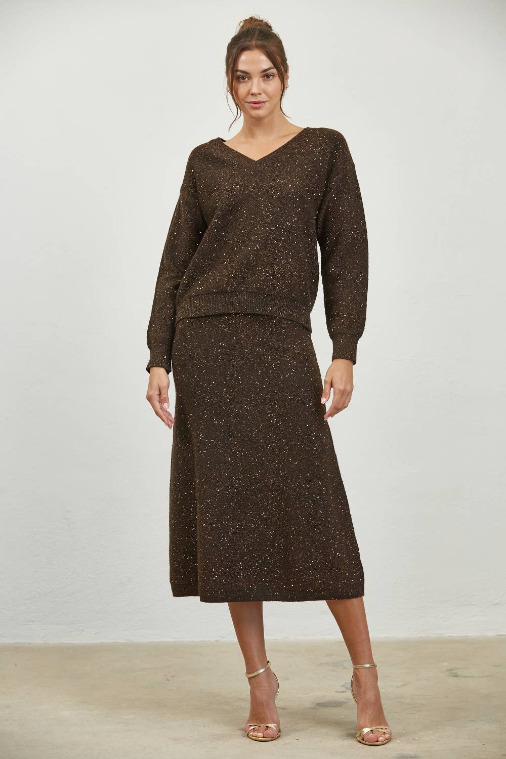 Edit by Nine - Vente Pull en maille – femme - Haut à col en V mélangé à sequins3