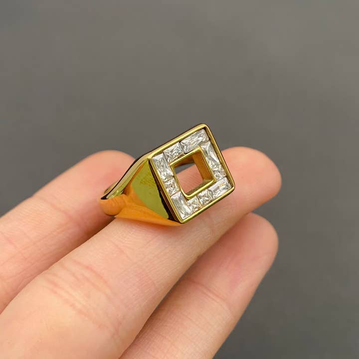 Square Zircon 18K Gold Plated Stainless Steel Ring - FGS for wholesale by Mio Queena