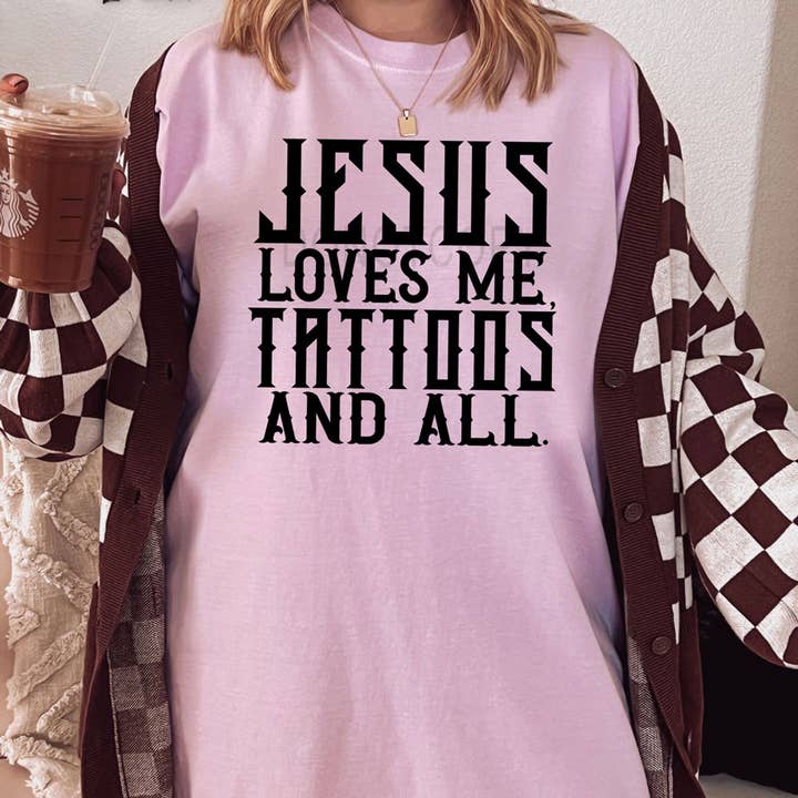 Jesus Loves Me Tattoos And All DTF Heat Transfer for wholesale by Trendy Transfers