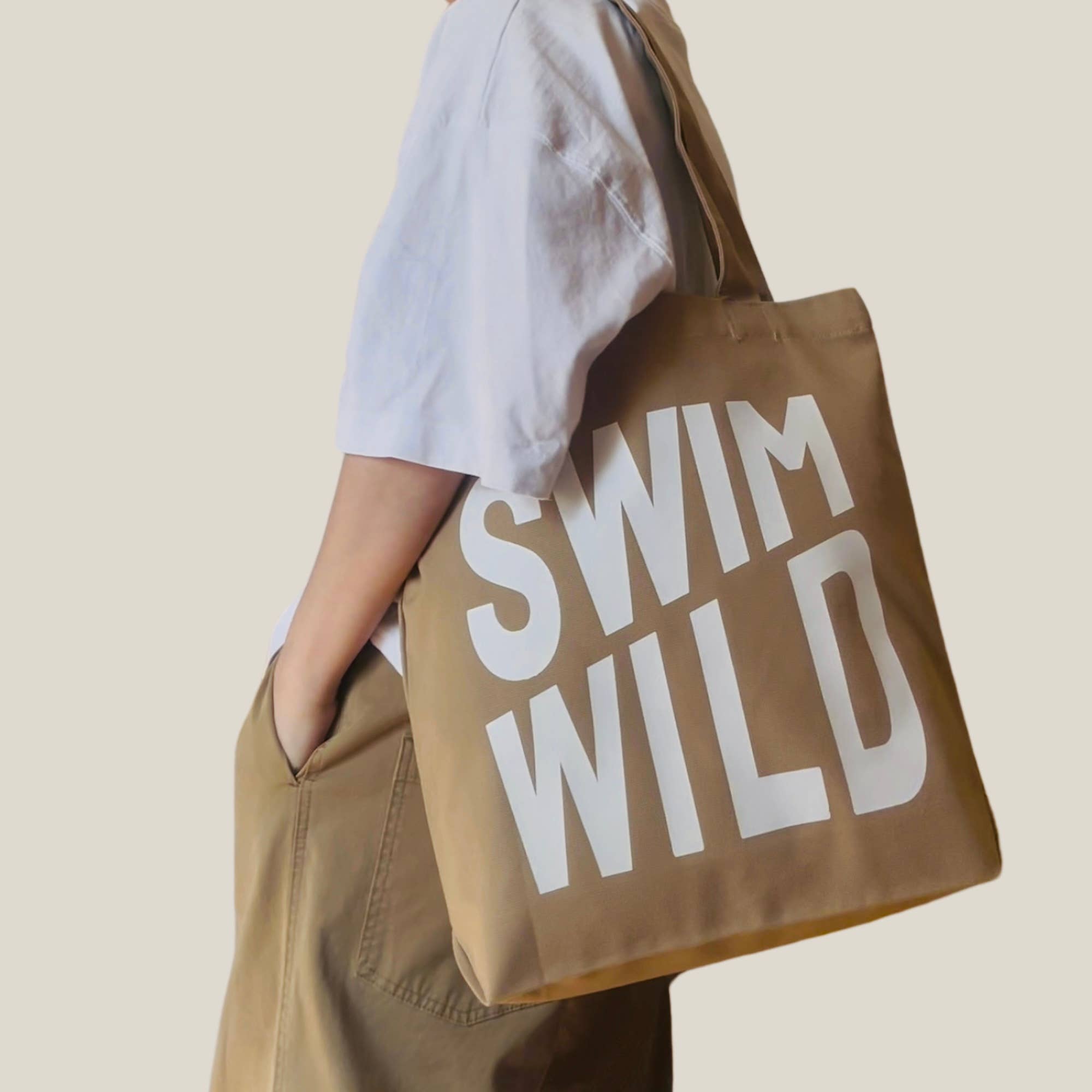 the Cornish studio – wholesale Tote bag – Unisex – Swim Wild canvas tote  Soft Khaki/White 1